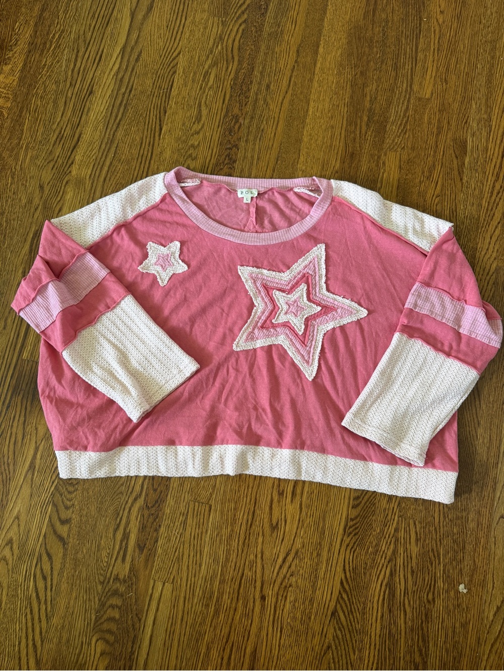 POL Pink and White Star Appliqué Pullover Sweater